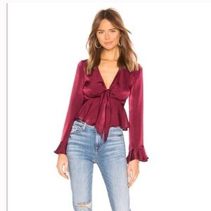 LOVERS + FRIENDS / Grenadine maroon burgundy satin tie front  plunge Top medium